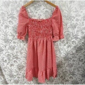 If She Loves Dress Red White Gingham Coquette Puff Ruffle Sleeve Smocked Check L